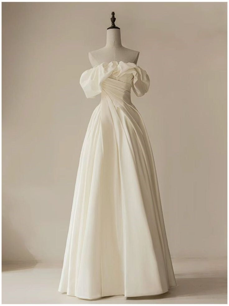 Timeless Bridal Gown A line Off The Shoulder White Long Pleated Satin Wedding Dresses Elegant Bridal Gowns DH962
