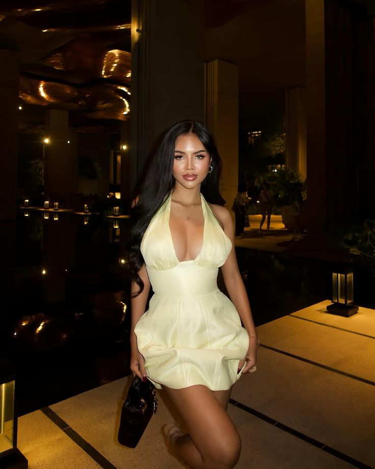 Cute A line Yellow Halter Satin Short Summer Birthday Dress Hoco Dress Birthday Outfit 18th Birthday Mini Party Dresses DP1017