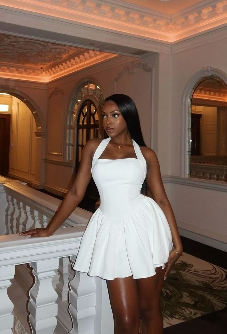 Sexy A Line Halter White Satin Short Summer Birthday Dress Hoco Dress Birthday Outfit 18th Birthday Mini Party Dresses DP1041