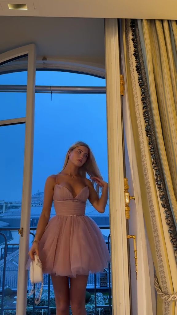 Cute Ball Gown Spaghetti Straps Pink Short Summer Birthday Dress Hoco Dress Birthday Outfit 19th Birthday Mini Cocktail Dresses DP1135