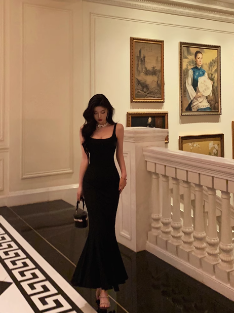 Elegant Mermaid Square Black Sleeveless 23rd Birthday Dress Party Gown Birthday Outfits Birthday Dress Ideas For Women DP1427