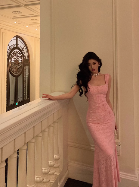 Elegant Mermaid Square Pink Lace 21st Birthday Dress Party Gown Birthday Outfits Birthday Dress Ideas For Women DP1445