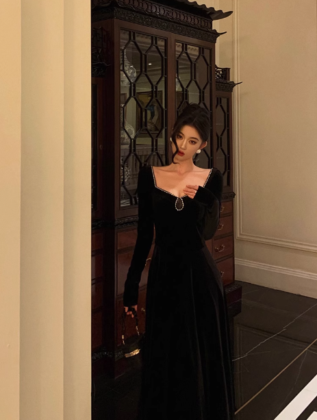 Modest A line Long Sleeves Black Velvet 21st Birthday Dress Party Gown Birthday Outfits Birthday Dress Ideas For Women DP1468
