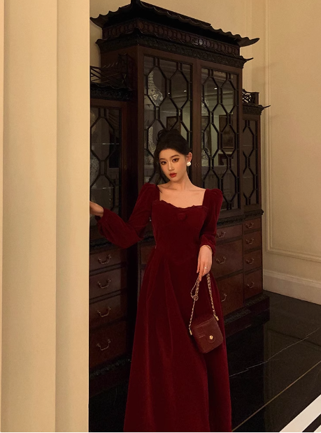 Elegant A Line Square Long Sleeves Burgundy 23rd Birthday Dress Party Gown Birthday Outfits Birthday Dress Ideas For Women DP1470
