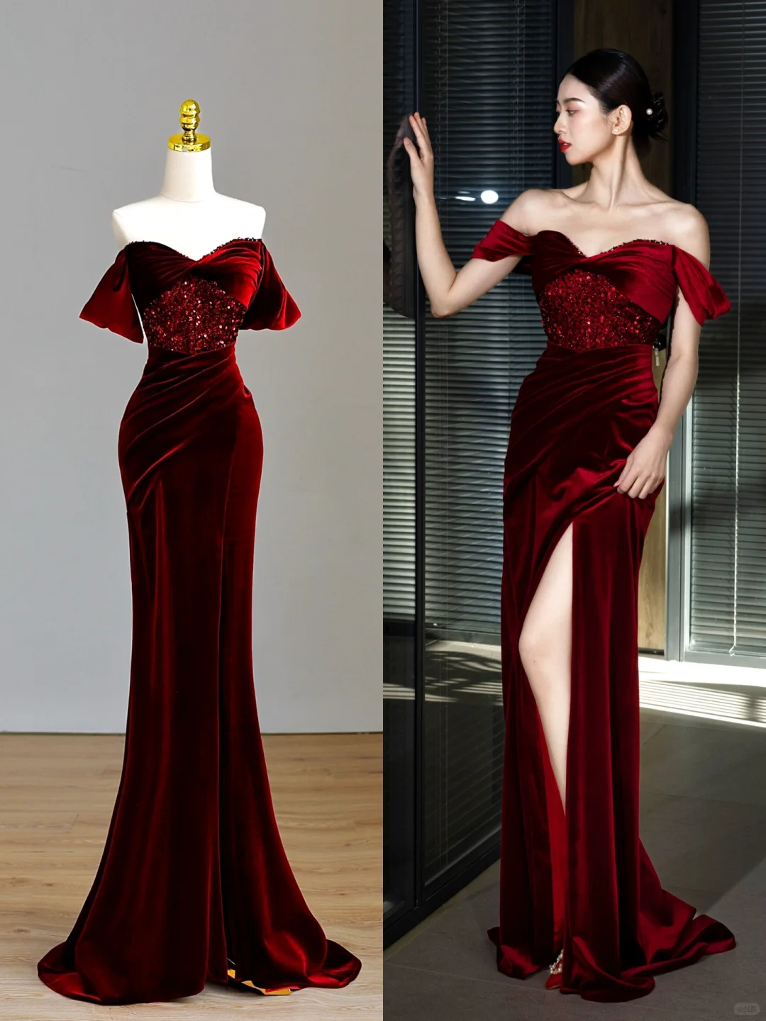 Elegant Glamour Mermaid Off The Shoulder Burgundy Velvet Long Prom Dresses Party Dress Evening Dress DP1560