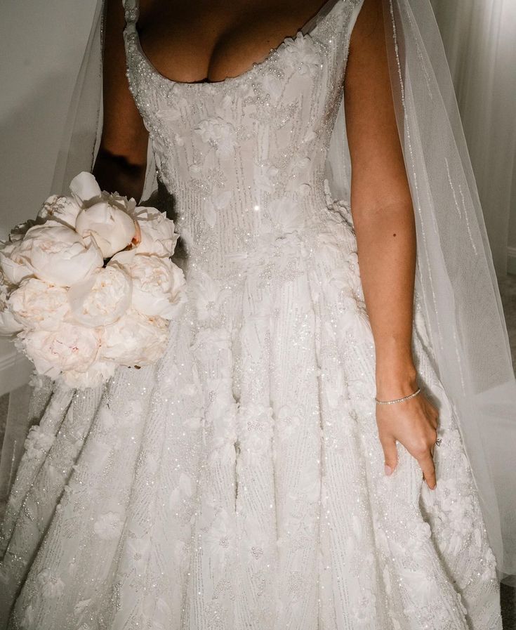 Classic Bridal Dress Ball Gown Square Sequin White Summer Long Wedding Dresses Minimalist Bridal Gowns DP1599