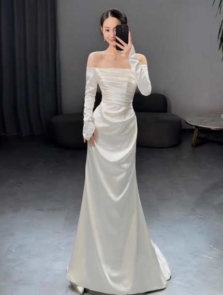 Romantic Bridal Gown Mermaid Off The Shoulder Satin Wedding Dresses Minimalist Bridal Gowns DP1646
