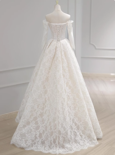 Classic Bridal Gown Ball Gown Off The Shoulder Long Sleeves Lace White Wedding Dresses Minimalist Bridal Gowns DP1647