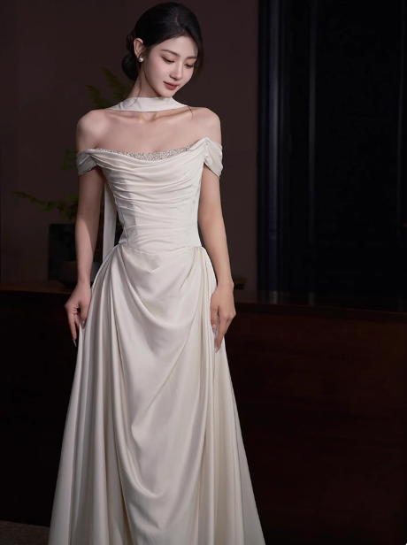 Ethereal Wedding Dress A Line Off The Shoulder Satin Wedding Dresses Bridal Gowns DP1670
