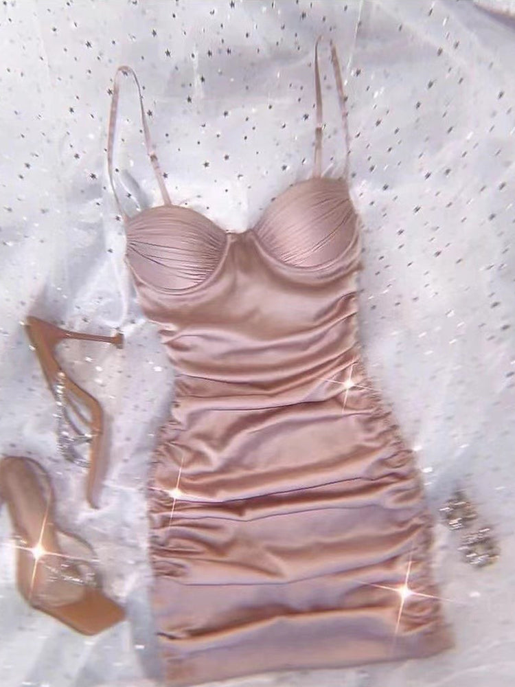 Cute Sheath Spaghetti Straps Short Pink Satin Summer Birthday Dress Hoco Dress Mini Birthday Outfit 23rd Birthday Party Dresses DP1737