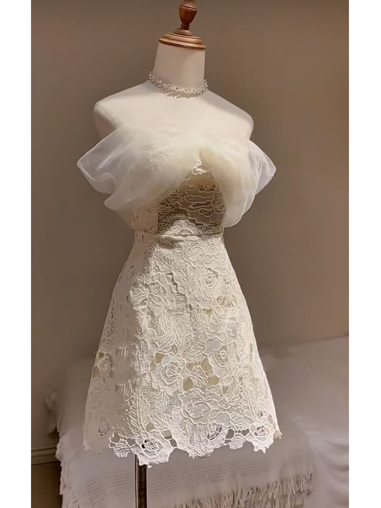 Cute A line Off The Shoulder White Summer Lace Homecoming Dress Hoco Dress Mini 20th Birthday Outfit Cocktail Dresses DP1744