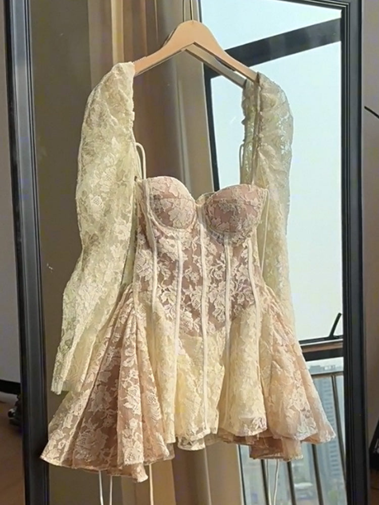 Simple A line Sweetheart Lace Short Long Sleeves Homecoming Dress Summer Hoco Dresses Cocktail Dress DP1777