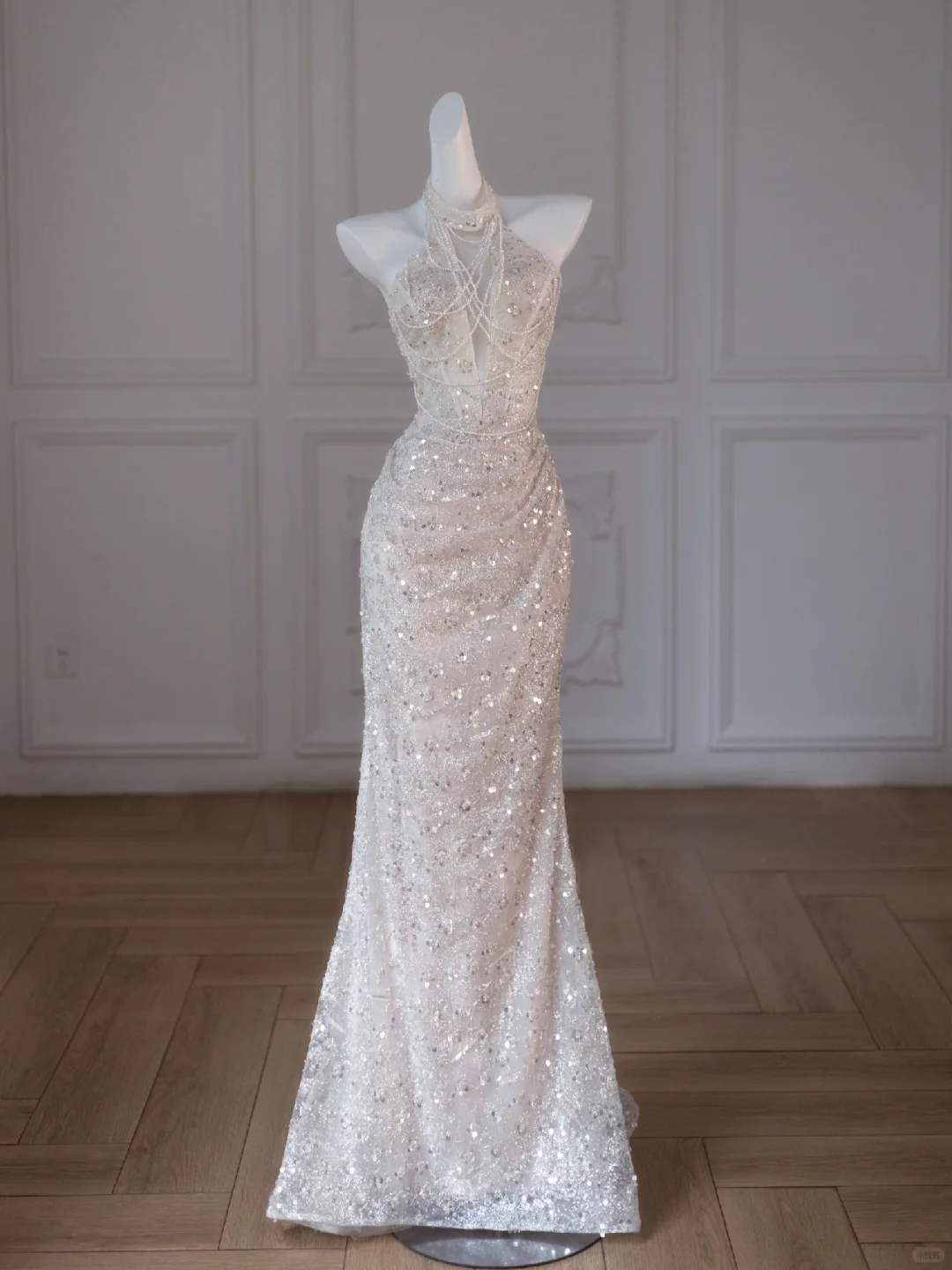 Retro Wedding Dress Mermaid Halter Sequin Long White Wedding Dresses Bridal Gowns DP1853