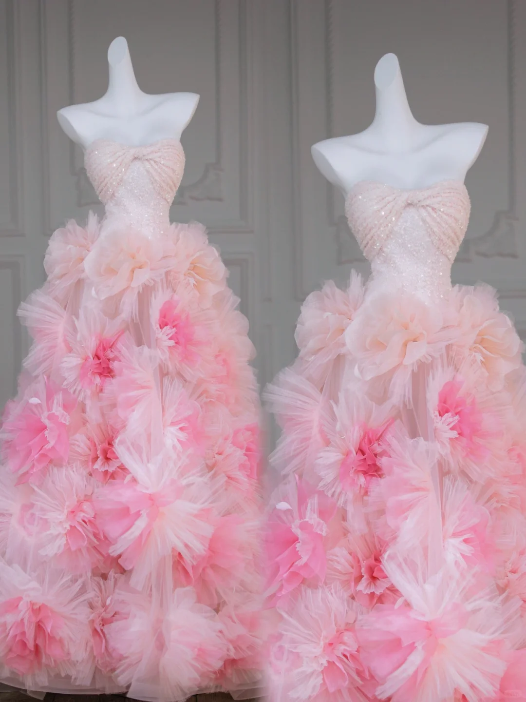 Gorgeous Ball Gown Strapless Light Pink Floral Tulle Long Prom Dress Party Dress Graduation Dresses DP1975