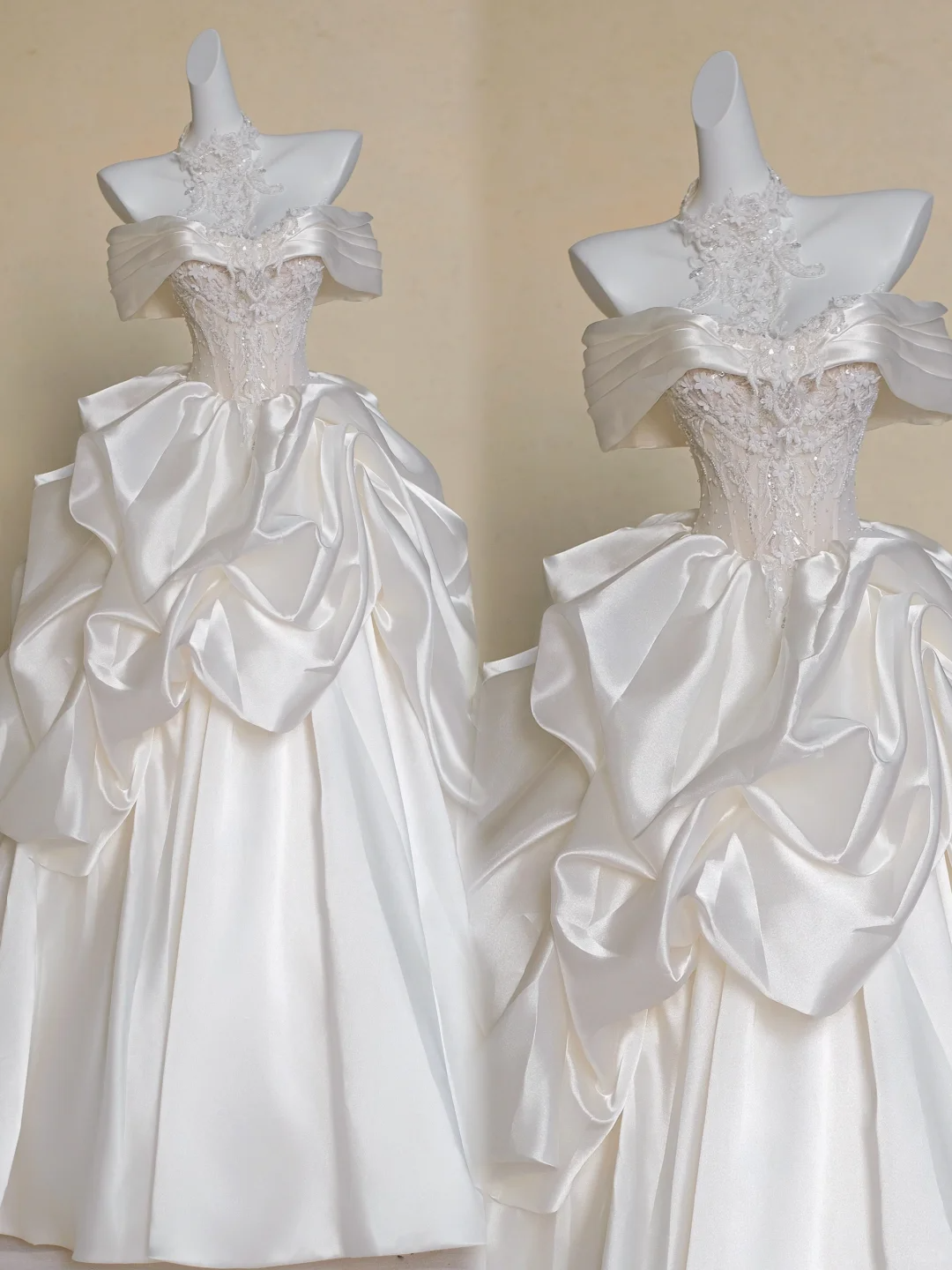 Modest Wedding Dress Ball Gown Off The Shoulder White Satin Long Wedding Dresses Brides Dress Bridal Gowns DP1982