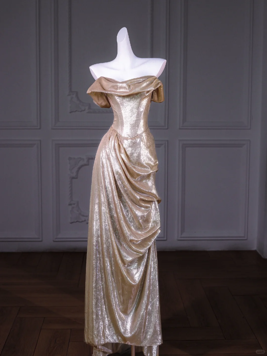 Classic Mermaid Sweetheart Sequin Gold Long Prom Dress Party Dress Graduation Dresses DP1998