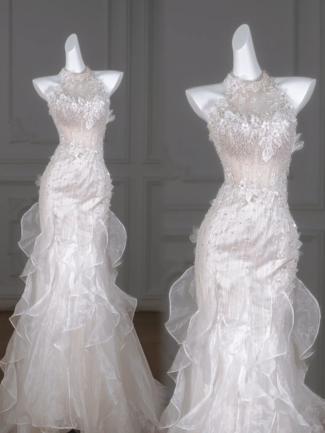 Rustic Wedding Dress Mermaid High Neck White Lace Tulle Long Wedding Dresses Bridal Gowns DP2019