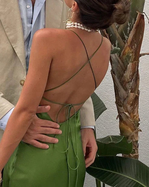 Green Simple Elegant Backless Lace Up Long Satin Prom Dress Evening Dress Party Dress Wedding Guest Dress gh3587