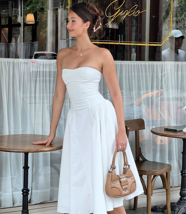 Cute A line Strapless White Summer Tea Length Holiday Dress Hoco Dress 18th Birthday Outfit Cocktail Dresses DP2106