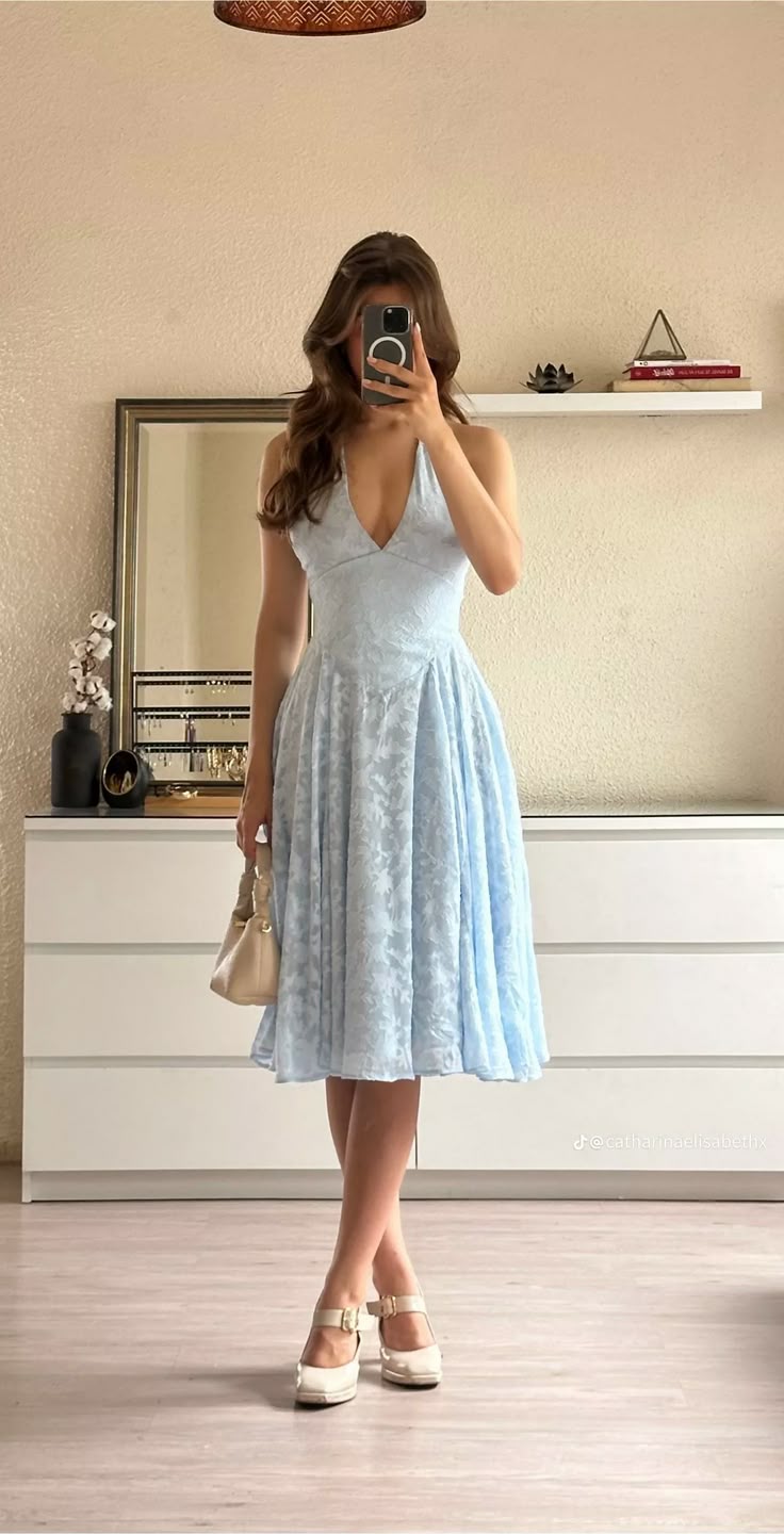 Cute A line Halter Blue Summer Knee Length Holiday Dress Hoco Dress 18th Birthday Outfit Cocktail Dresses DP2107