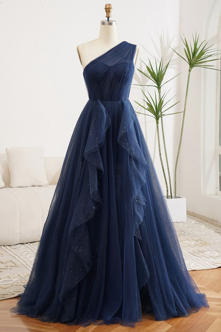 Gorgeous Ball Gown One Shoulder Navy Blue Tulle Party Prom Dresses Formal Summer Wedding Guest Dresses Wedding Guest Outfits DP2118