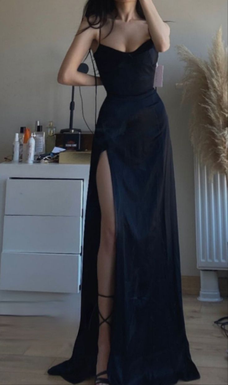 Gorgeous A line Spaghetti Straps Slit Black Evening Dress Prom Dresses Formal Summer Wedding Guest Dresses Wedding Guest Outfits DP2150