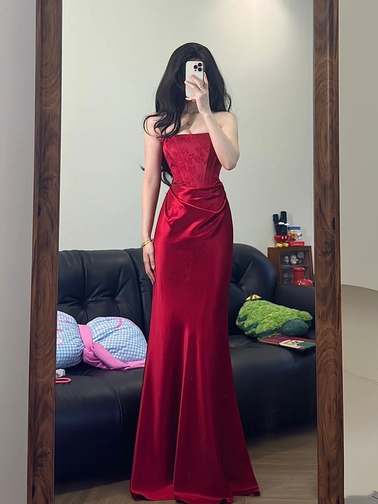 Elegant Sheath Strapless Red Satin Prom Dresses Formal Summer Wedding Guest Dresses Wedding Guest Outfits DP2156