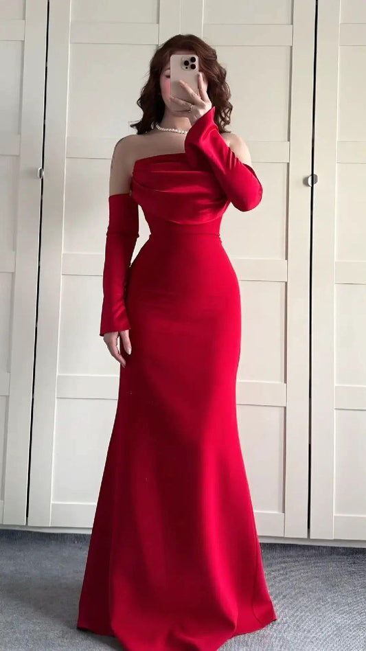 Sexy Mermaid Strapless Sleeveless Red Satin Prom Dresses With Gloves Formal Summer Wedding Guest Dresses Wedding Guest Outfits DP2209