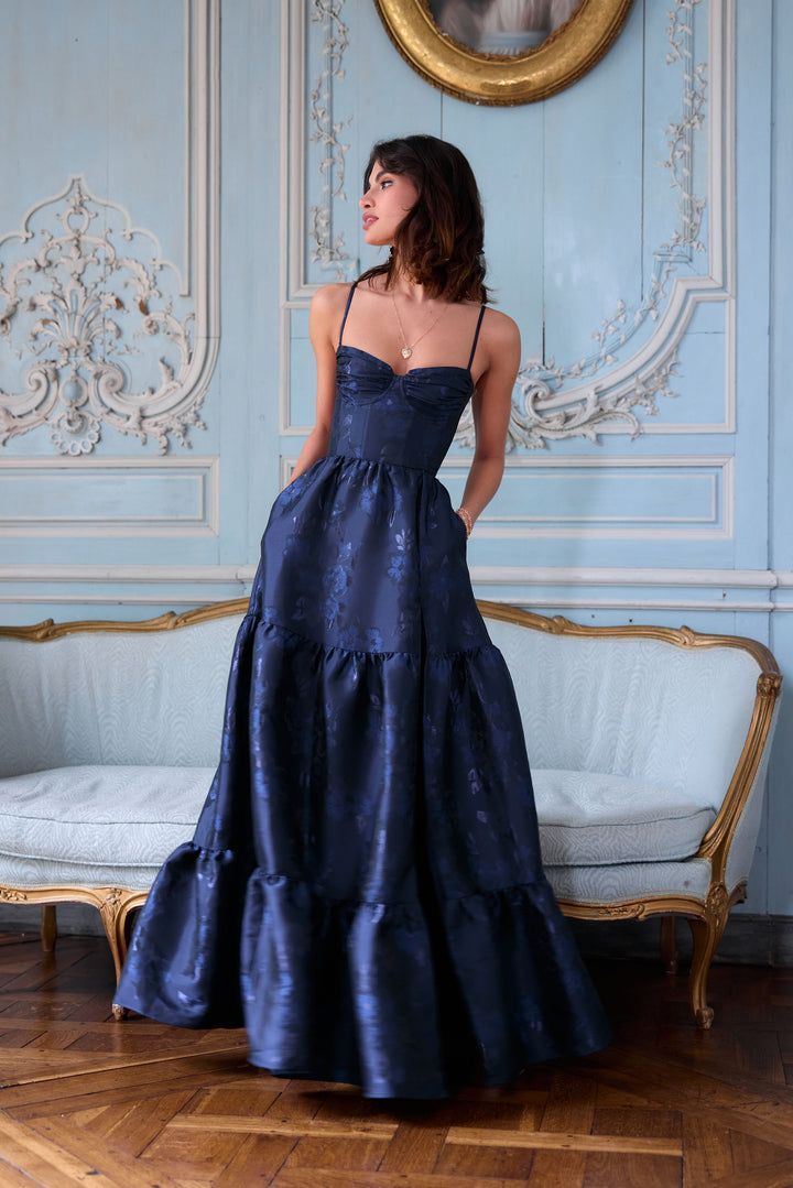 Sexy Ball Gown Spaghetti Straps Navy Blue Satin Prom Dresses Formal Summer Wedding Guest Dress Wedding Guest Outfits DP2230