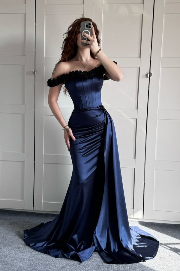 Sexy Mermaid Off The Shoulder Navy Blue Satin Prom Dresses Formal Summer Wedding Guest Dresses Wedding Guest Outfits DP2240