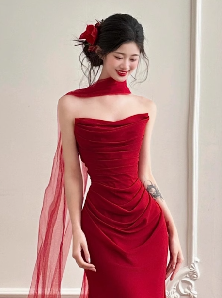 Pretty Mermaid Strapless Burgundy Satin Prom Dresses Formal Summer Wedding Guest Dresses Wedding Guest Outfits With Scarf DP2260