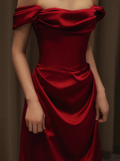 Elegant Mermaid Off The Shoulder Burgundy Satin Prom Dresses Formal Summer Wedding Guest Dresses Wedding Guest Outfits DP2155