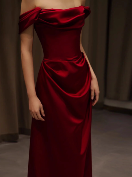 Elegant Mermaid Off The Shoulder Burgundy Satin Prom Dresses Formal Summer Wedding Guest Dresses Wedding Guest Outfits DP2262