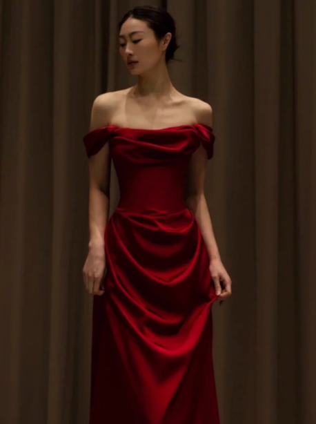Elegant Mermaid Off The Shoulder Burgundy Satin Prom Dresses Formal Summer Wedding Guest Dresses Wedding Guest Outfits DP2155