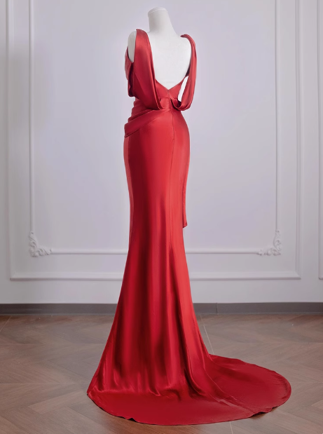 Elegant Mermaid V Neck Red Satin Prom Dresses Formal Summer Wedding Guest Dresses Wedding Guest Outfits DP2277
