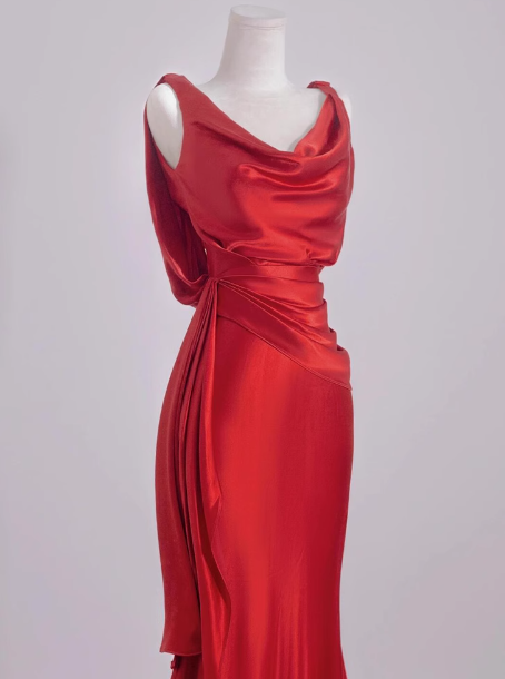 Elegant Mermaid V Neck Red Satin Prom Dresses Formal Summer Wedding Guest Dresses Wedding Guest Outfits DP2277