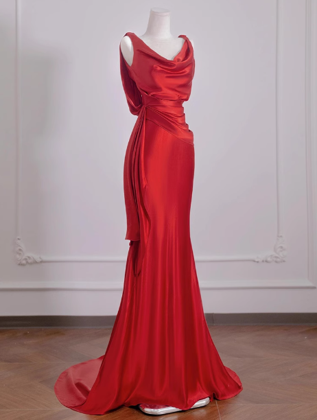 Elegant Mermaid V Neck Red Satin Prom Dresses Formal Summer Wedding Guest Dresses Wedding Guest Outfits DP2277