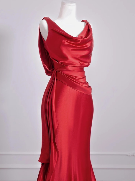 Elegant Mermaid V Neck Red Satin Prom Dresses Formal Summer Wedding Guest Dresses Wedding Guest Outfits DP2277