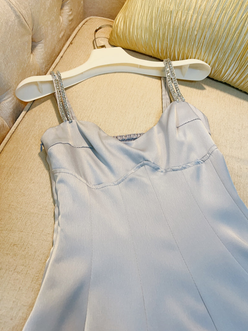 Classy A line Straps Dusty Blue Satin Prom Dresses Formal Summer Wedding Guest Dresses Wedding Guest Outfit DP2285