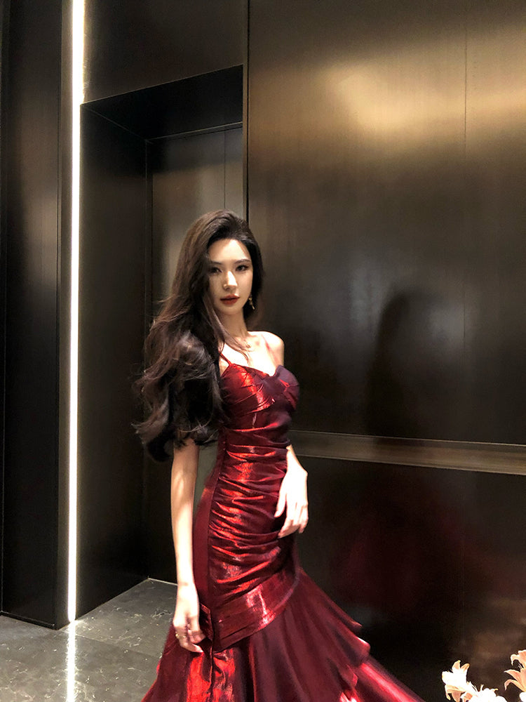 Elegant Mermaid Spaghetti Straps Sleeveless Wine Red Long Evening Dress Prom Dresses DP230