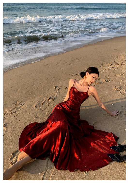 Modest Mermaid Spaghetti Straps Sleeveless Maroon Red Long Evening Dress Prom Dresses DP233