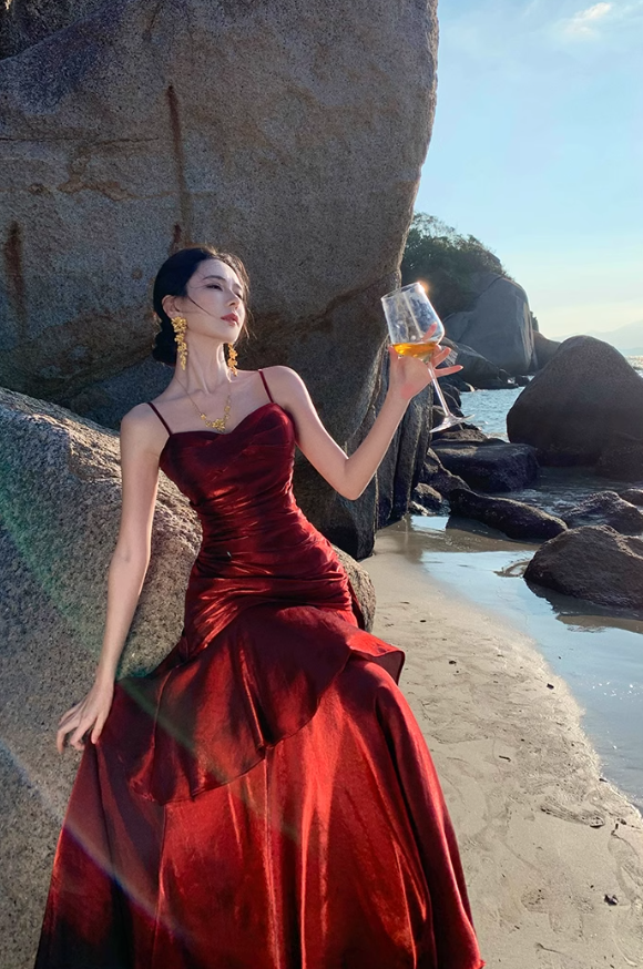 Modest Mermaid Spaghetti Straps Sleeveless Maroon Red Long Evening Dress Prom Dresses DP233