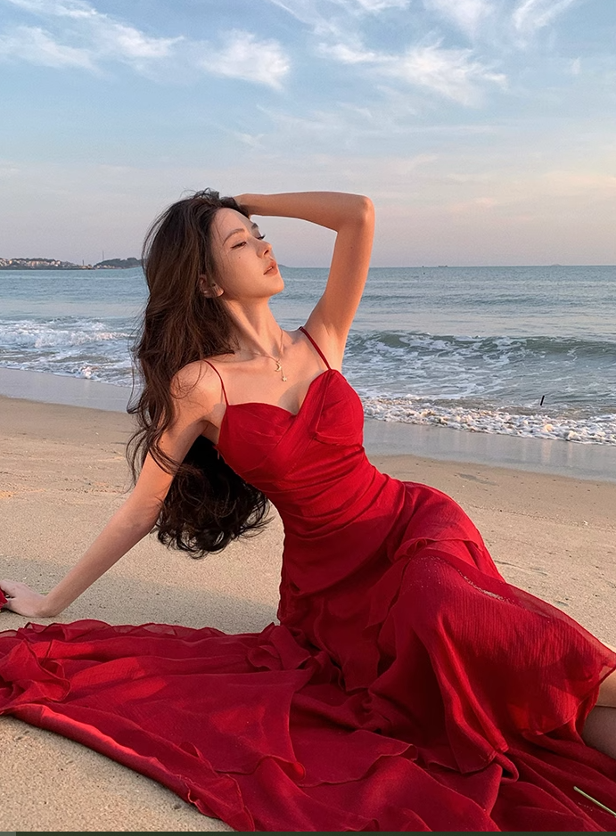 Modest Mermaid Spaghetti Straps Sleeveless Red Long Evening Dress Prom Dresses DP236