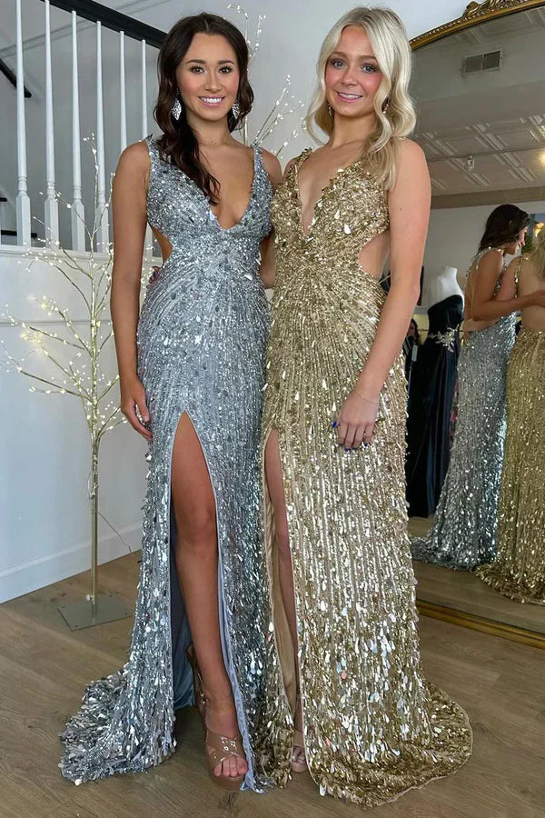 Elegant Gold Sequins Mermaid Long Prom Dresses with Slit Sexy Prom Dress DP249