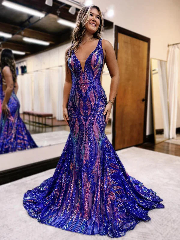 Sexy Charming Mermaid V Neck Blue Sequined Lace Long Prom Dress Evening Dresses DP254