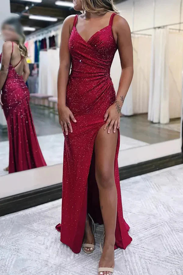 Sparkly Dark Red V Neck Sequins Long Prom Dress with Slit Birthday Outfits Party Dress Formal Dress DP259