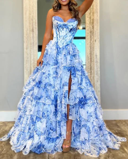 Classy Elegant Ball Gown Floral Blue Print Strapless Long Prom Dress With Chiffon Ruffle Skirt Prom Dresses DP266