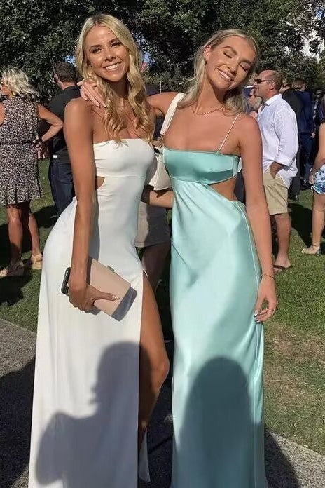 Sexy Aqua Blue Sheath Straps Silk Satin Prom Dress Long Formal Dress DP279