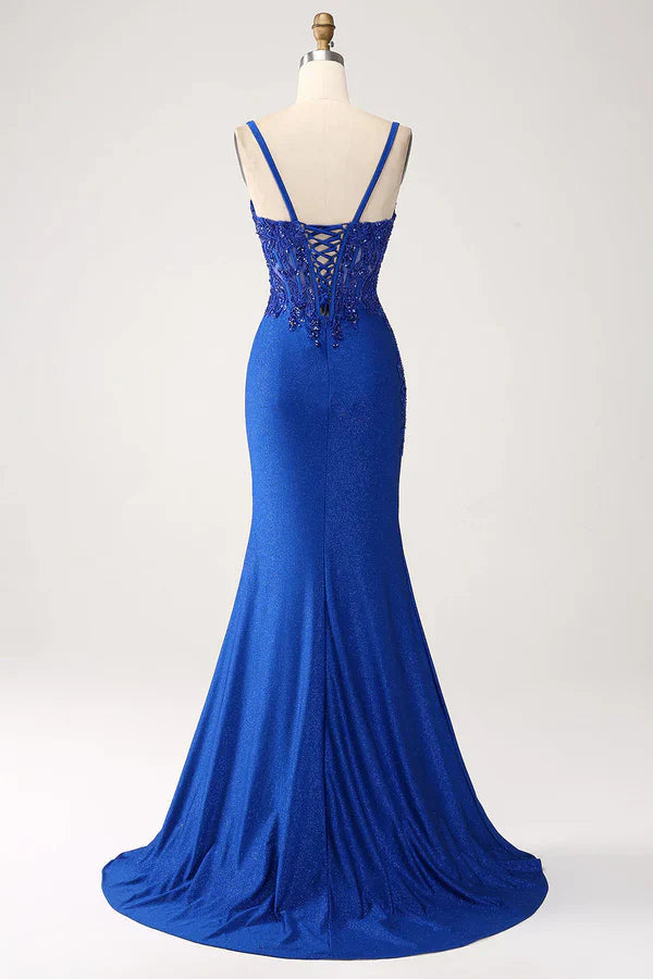 Luxury Sequin Royal Blue Mermaid Thin Shoulder Strap Sticker Long Prom Dress Evening Dresses DP296