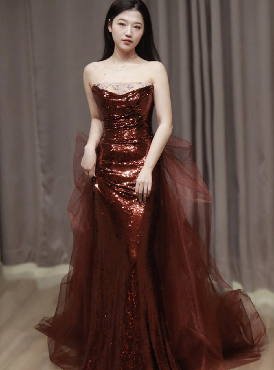 Burgundy Mermaid Sequins Tulle Strapless Prom Dress Evening Dresses DP298
